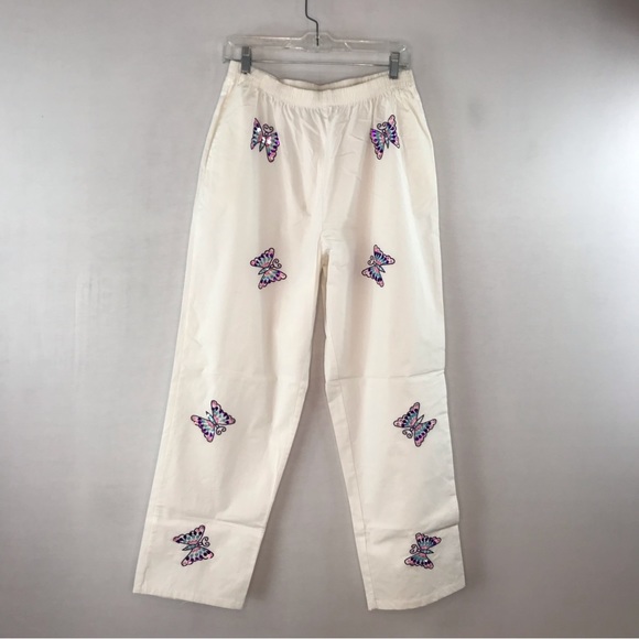 BFA Classics Pants - BFA Classics Vintage White Cotton Pull On Pants with Sequin & Butterflies